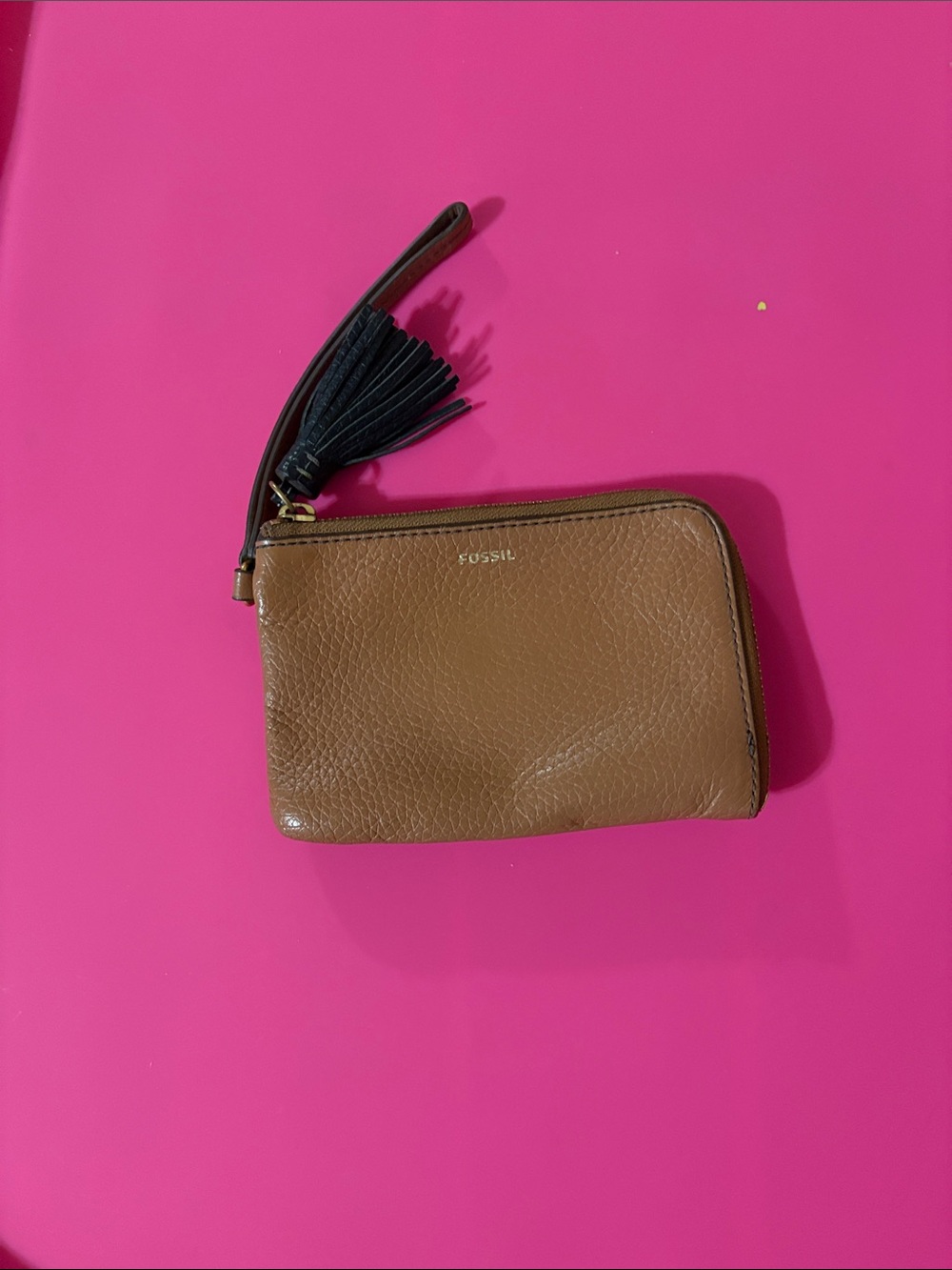 Fossil Tan Leather Zip Wristlet with Black Tassel